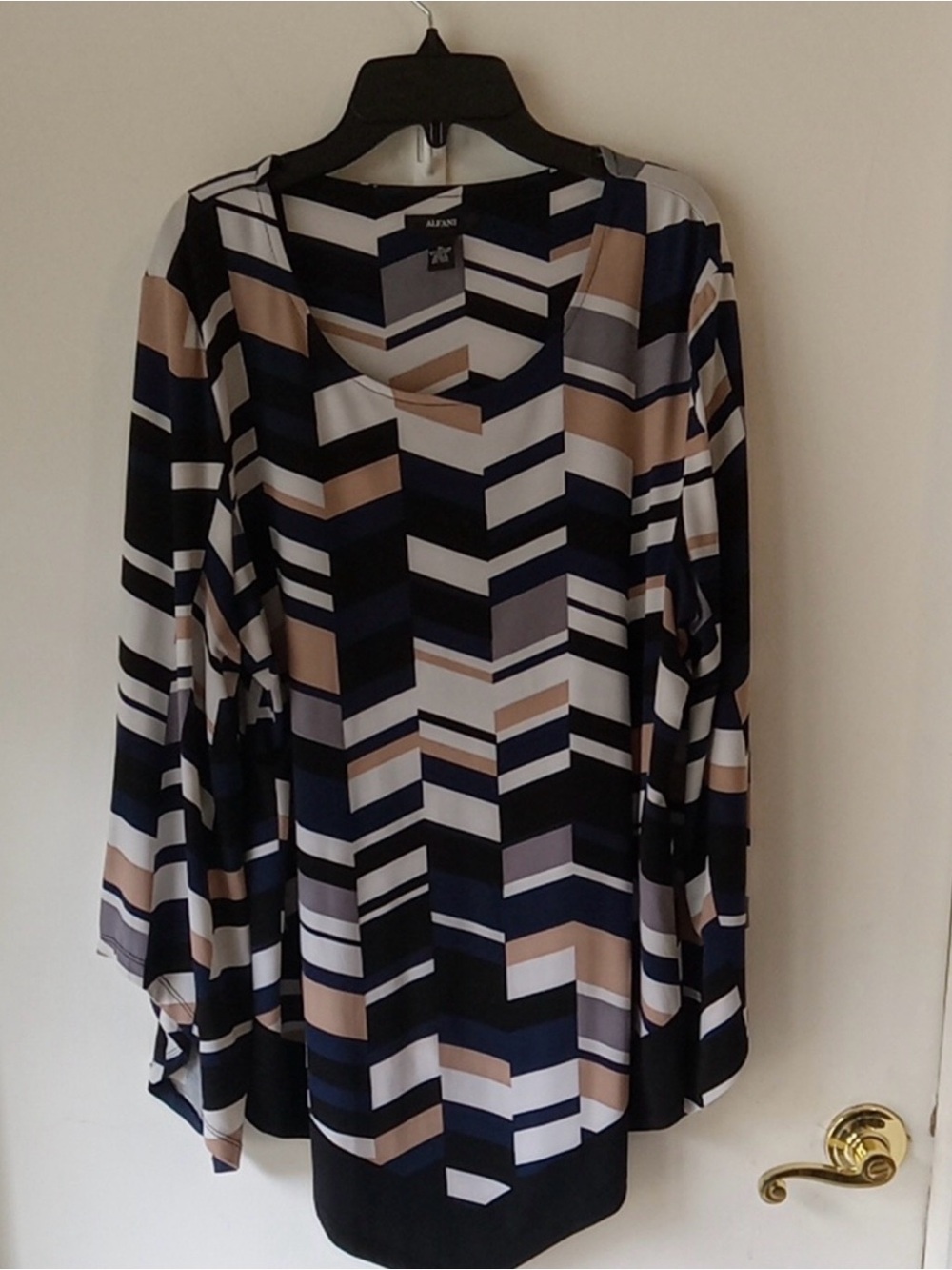 Alfani Chevron Geometric Long Sleeve Dress - Navy, Taupe, White & Gray